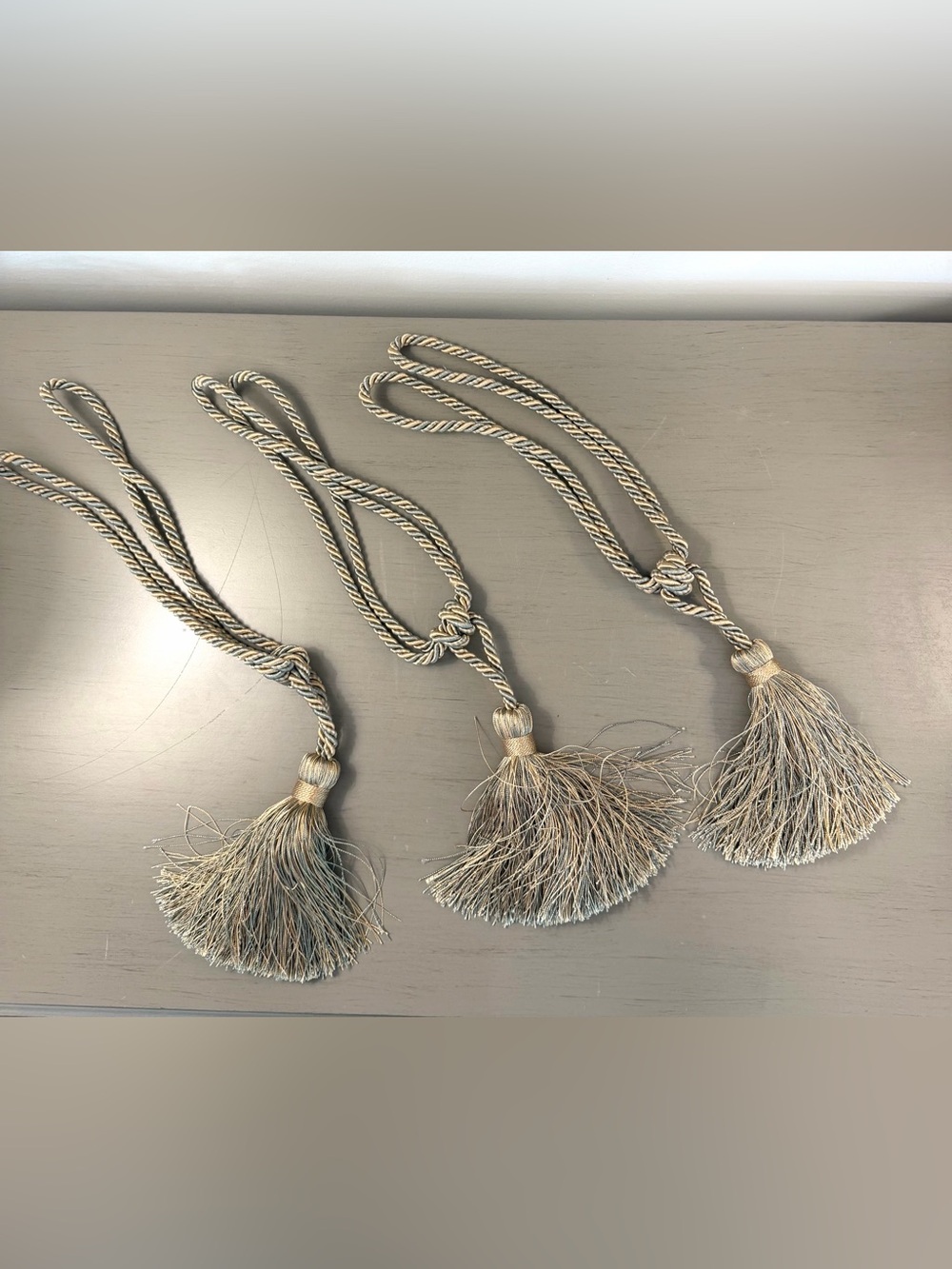 Set Of 3 Elegant Curtain Satin Twisted Rope Tie Backs Single Tassel Sage/Gold